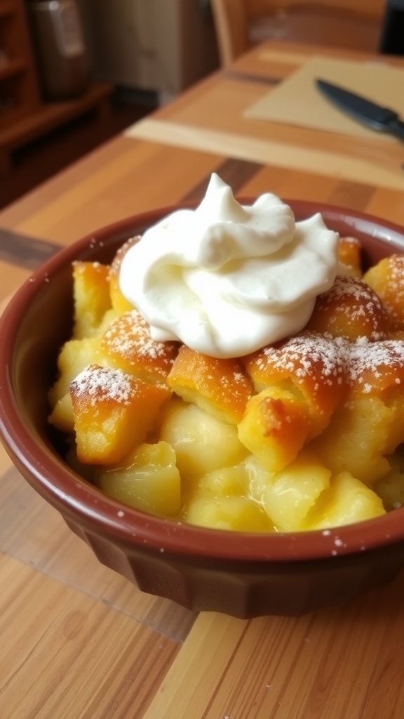 Classic Homemade Bread Pudding Recipe A bowl of golden-brown bread pudding garnished with powdered sugar and whipped cream on a wooden table.